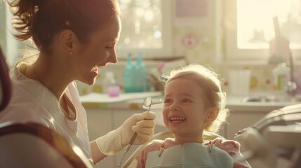 Wall Mural - A woman is holding a child's mouth open while the child is smiling