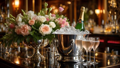 Elegant champagne bar with ice bucket, sparkling glasses, and fresh flowers against a cozy backdrop