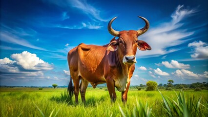 Exuding majesty, a Zebu bull gracefully stands amidst lush greenery, with a clear blue sky overhead, embodying the