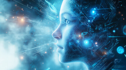 Wall Mural - Digital Mind: Futuristic portrait of a young woman merging with digital technology, showcasing a surreal blend of human and artificial intelligence.  