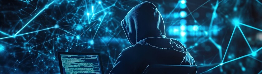 Hacker using social engineering to breach firewall, urgent work, a hooded man works on a laptop amidst a digital network of glowing blue nodes, symbolizing hacking and cybersecurity