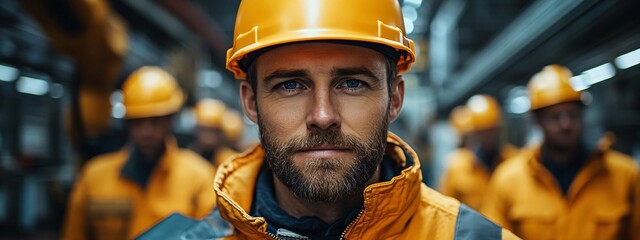 A team in safety gear stands in an advanced car factory, with robotic arms and tools behind them, representing precision, efficiency, and collaboration.