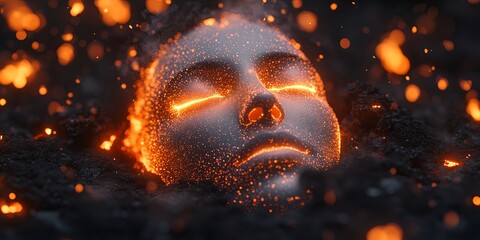 Wall Mural - A face made of glowing embers rests in a bed of smoldering ashes, surrounded by dancing flames.