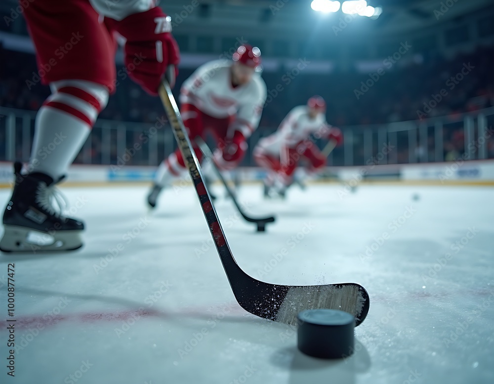 Closeup of ice hockey stick and puck on ice rink during the game ...