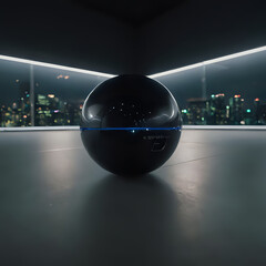 a black sphere with a blue line on it