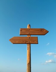 Blank wooden direction sign on stick against blue sky, signpost, signboard