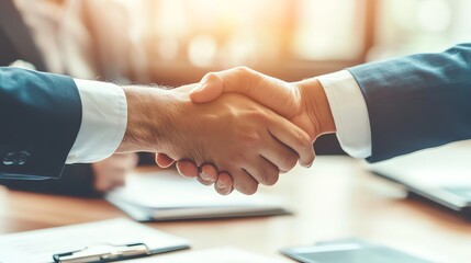 Two businessmen shaking hands over a contract.