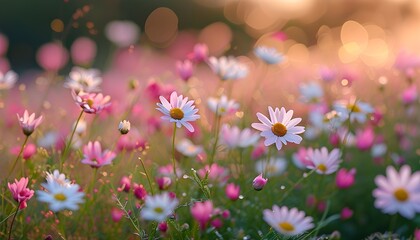 Wall Mural - dreamy bokeh morning wildflower field featuring delicate pink and white daisies in a serene spring-summer backdrop with ample copy space