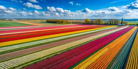 In springtime, the Netherlands showcases vibrant tulip fields under a brilliant blue sky, painting a breathtaking