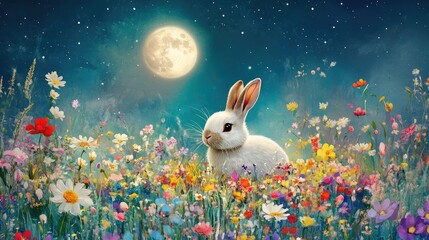 Adorable rabbit nestled in a colorful flower meadow, with a full moon glowing in the sky, creating a serene and magical night.