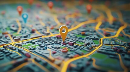 Close-up of a 3D model city map with a yellow pin marking a location.