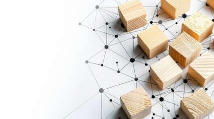 Wooden cubes scattered over black dot network pattern on white background. Conceptual image contrast between organic wood elements abstract technology design, symbolizes data, structure, organization.