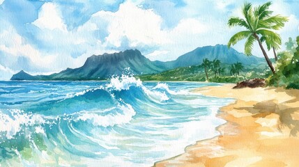 Wall Mural - Ocean Clipart. Watercolor Coastal Landscape with Waves and Palm Trees