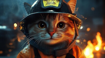 kitten firefighter in a dangerous situation is smiling, surrounded by fire and smoke.generative ai