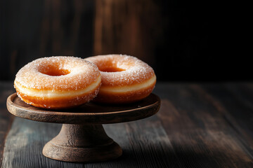 Close-up of sugar doughnuts on a wooden table  