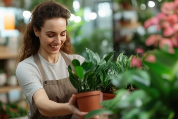 Wall Mural - Young woman arranging houseplants in a plant store, sustainability concept