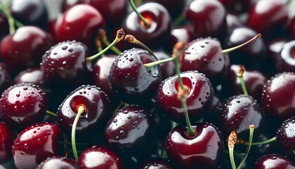 Wall Mural - Surreal closeup of luscious, deep red cherries against an orchard backdrop, highlighting their sweet essence and summer fruit allure.