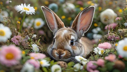 Easter Bunny Playfully Concealed Amidst a Vibrant Field of Blooms