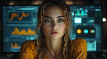 Wall Mural - Woman with serious expression looking at the camera in front of a computer screen with graphs.