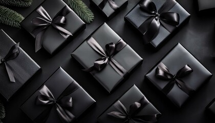 Wall Mural - Black gift boxes arranged on dark background, black friday discounts concept