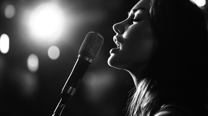 Woman Singing Microphone Dark Room