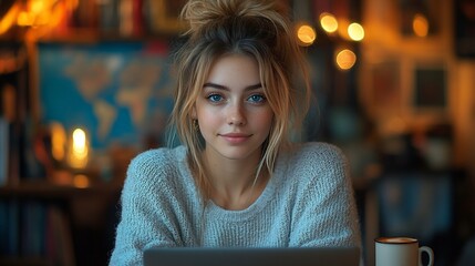 Canvas Print - Young woman with blonde hair and blue eyes sitting at a table with a laptop and a cup of coffee.