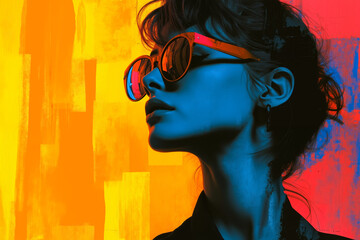 Poster - A woman wearing a pair of sunglasses in front of a colorful background