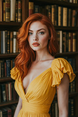 Sticker - A woman in a yellow dress standing in front of a bookshelf