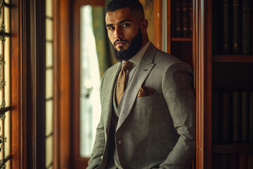 Canvas Print - A man in a suit leaning against a window