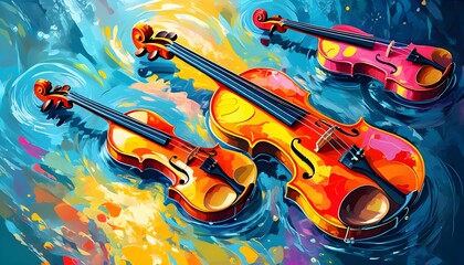 Wall Mural - Vibrant abstract depiction of violins gracefully adrift on a swirling wave of water