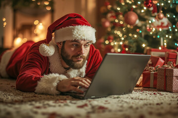 Sticker - A man in a santa hat laying on the floor using a laptop computer