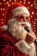 Poster - A man dressed as Santa Claus singing into a microphone