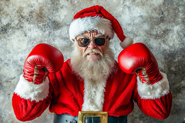 A man dressed as Santa Claus wearing boxing gloves and sunglasses