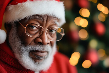 Canvas Print - A man wearing a santa hat and glasses looking at the camera