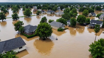 Wall Mural - A view of a flooded residential area, with homes surrounded by water and trees partially submerged, showing the impact of heavy rains 