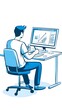 © Sebastian - An icon of an employee sitting at their desk, using graphic design software on the computer to create flat illustrations in blue and yellow tones