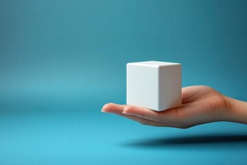 Woman hand holding white cube on blue background