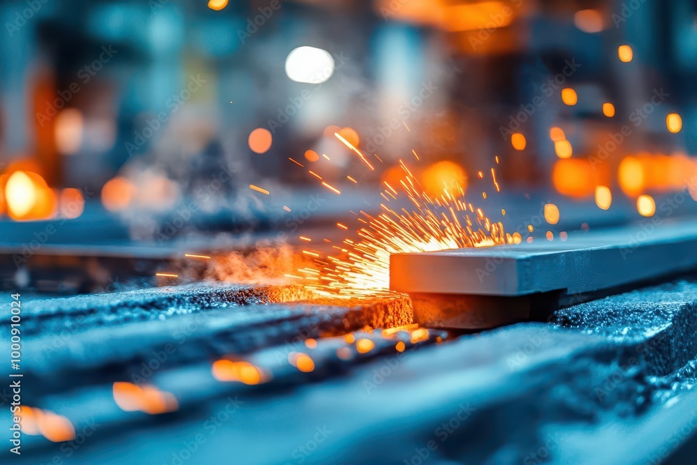 Molten metal being poured into a mold in a foundry, metal casting ...