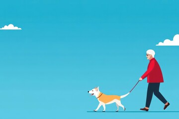 Dog walking with a senior citizen, outdoor companionship, flat design illustration