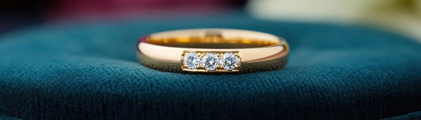 A gold ring adorned with diamonds resting on a velvet cushion, gold ring with diamonds, luxury and elegance