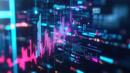 Aufkleber - A futuristic AIdriven business management tool displaying market forecast graphs in neon, Futuristic, 3D, Holographic, Cool tones with dynamic lighting