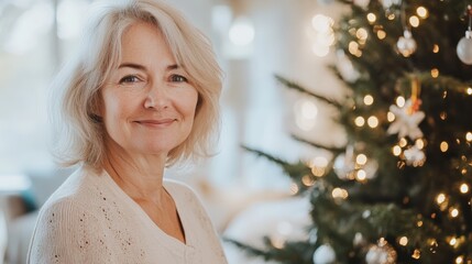 Wall Mural - Cheerful senior woman smiling near a decorated christmas tree at home