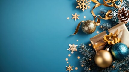 Poster - A festive arrangement of Christmas ornaments, snowflakes, and ribbons on a blue background, creating a cheerful holiday atmosphere.