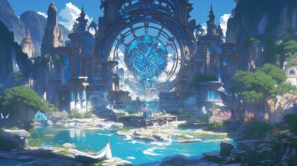 Wall Mural - A stunning fantasy landscape featuring a vast and serene water body surrounded by lush greenery and grand architectural ruins. Central to the scene is a colossal, intricate structure with a large, glo