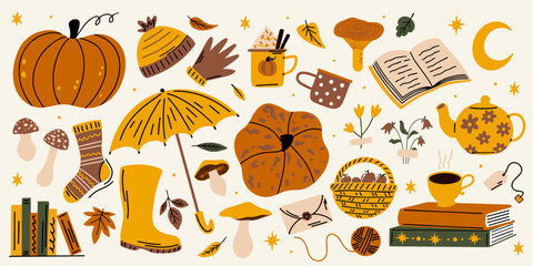 Wall Mural - title: cozy autumn vibes vector illustration set, cute pumpkin, mushrooms, tea, coffee, umbrella, ha