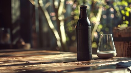 A bottle of lcold beverage and a smart speaker resting on a rustic farm table