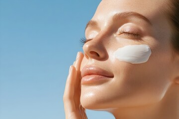 Closeup of a woman's face as she applies sunscreen,highlighting the importance of sun protection and incorporating it into a comprehensive skincare routine for healthy,radiant skin.