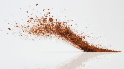 Dynamic explosion of coffee grounds against white background captured in motion