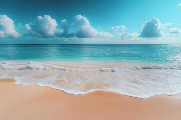 a breathtaking tropical beach panorama extending towards the horizon blending the tranquil sea and sky inviting viewers to immerse themselves in the serene beauty of nature