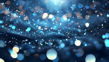 Enchanting abstract blue bokeh lights creating a sparkling and festive ambiance with glittering particles